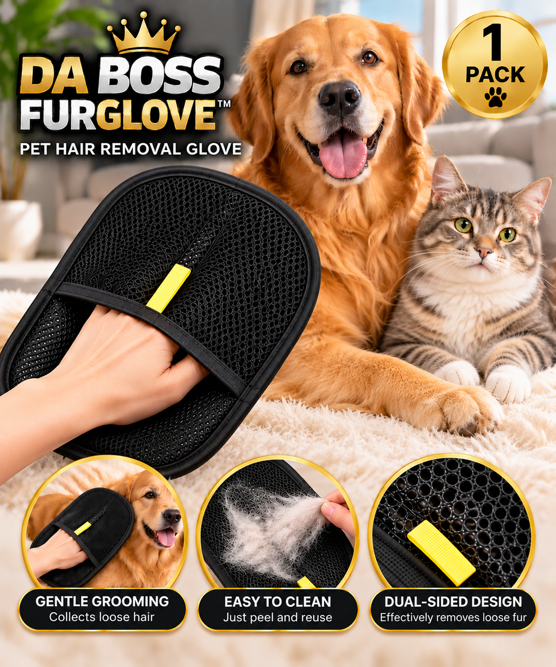 Da Boss FurGlove™ – Reusable Pet Hair Removal Glove 3-Pack