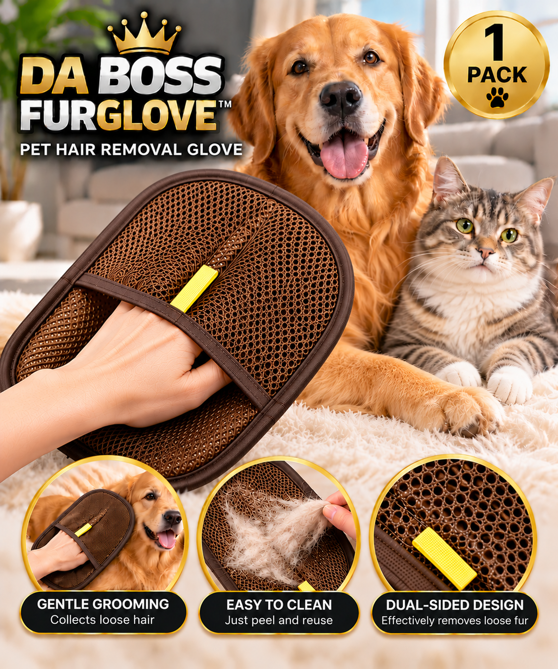 Da Boss FurGlove™ – Reusable Pet Hair Removal Glove 3-Pack