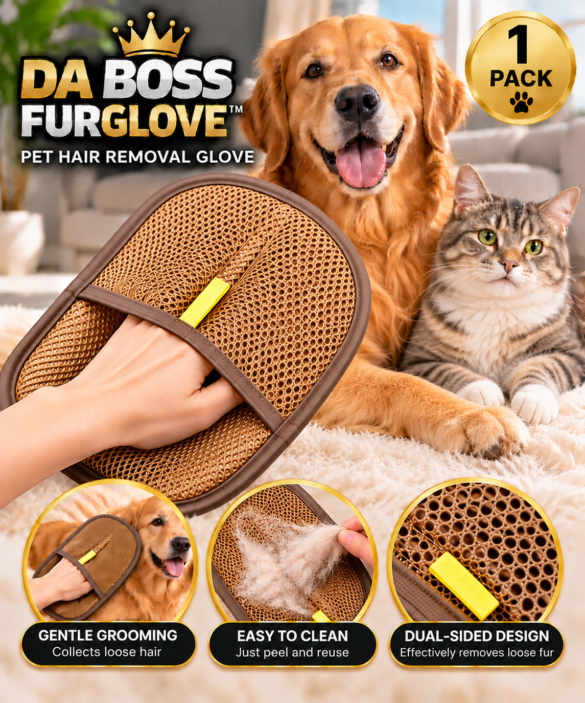 Da Boss FurGlove™ – Reusable Pet Hair Removal Glove 3-Pack