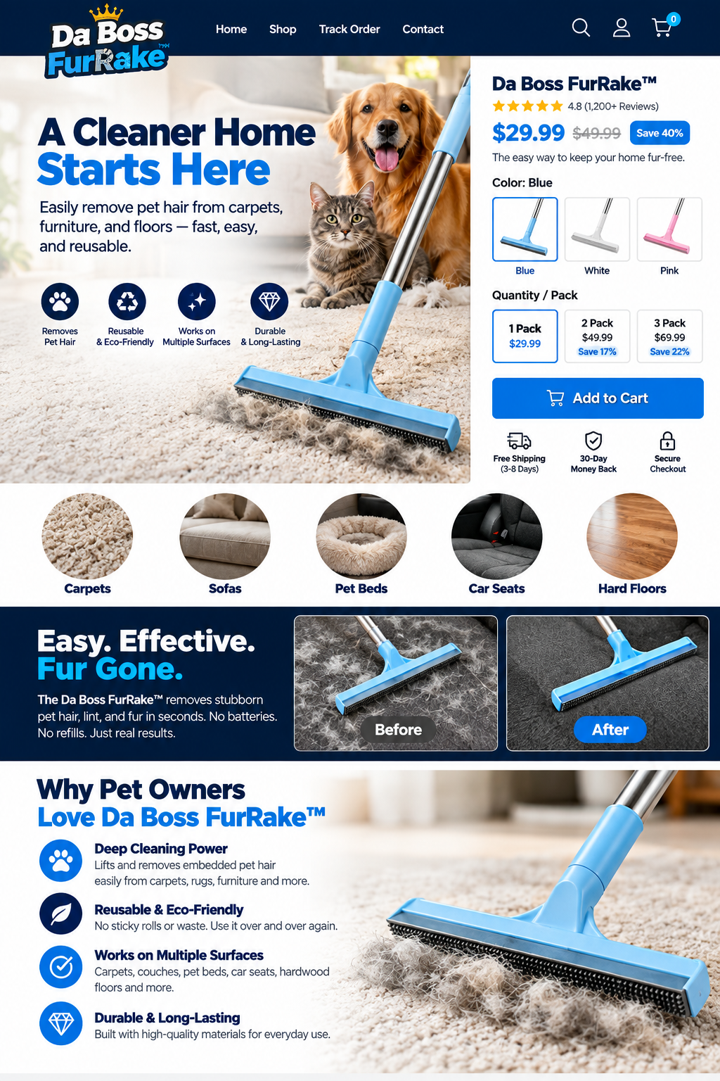 Da Boss FurRake blue pet hair remover branded sales graphic