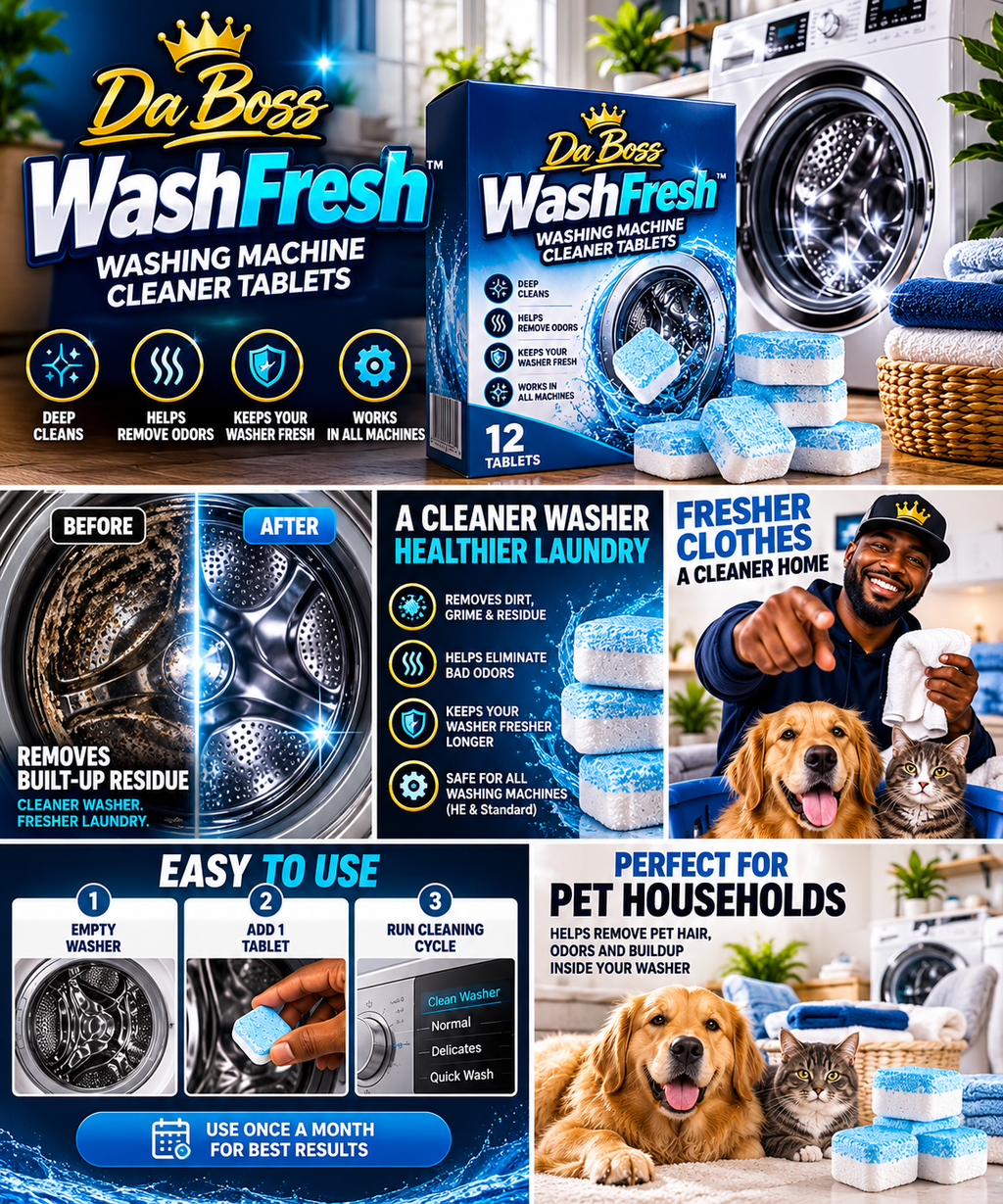 Da Boss WashFresh branded washing machine cleaner infographic for pet households