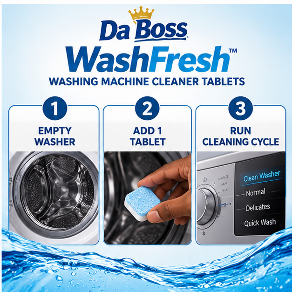 Da Boss WashFresh three-step washing machine cleaning instructions