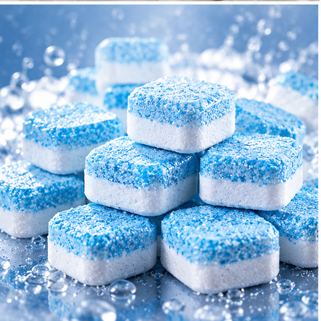 Close-up of Da Boss WashFresh blue-and-white cleaning tablets