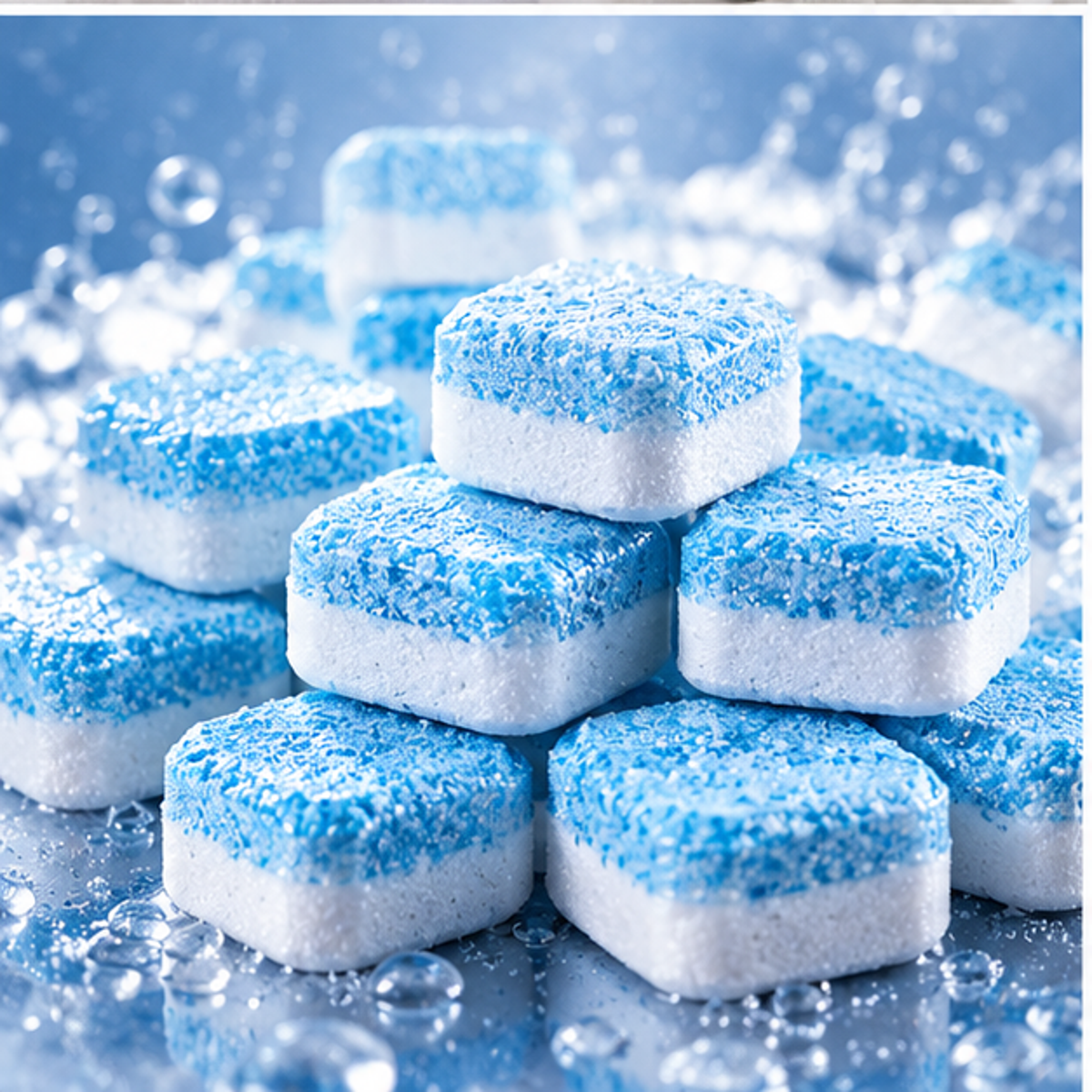 Close-up of Da Boss WashFresh blue-and-white cleaning tablets