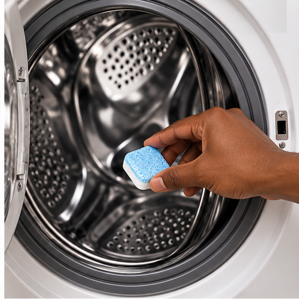 Da Boss WashFresh tablet being placed into an empty washer